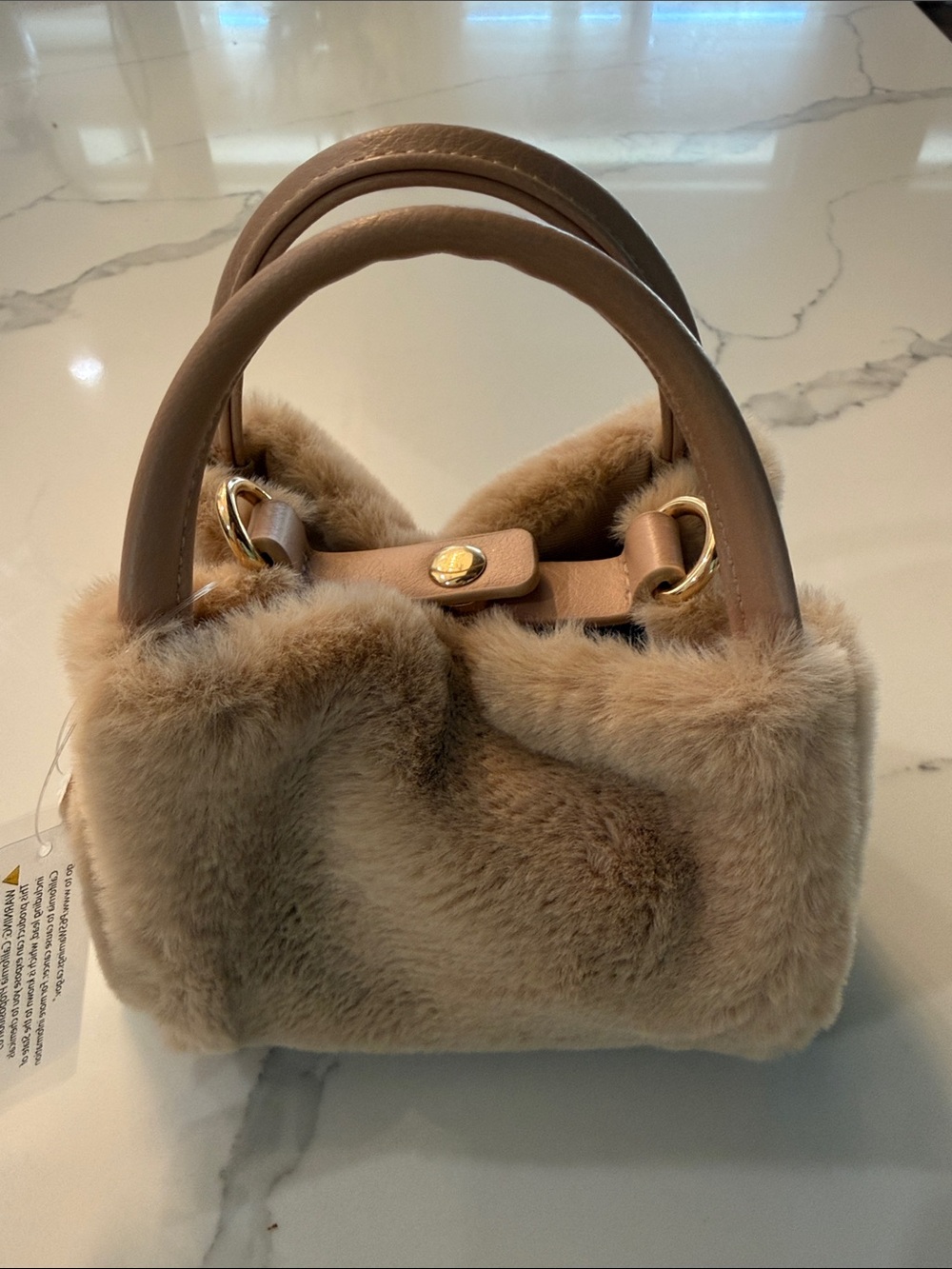 Anthropologie Taupe Faux Fur Mini Tote with Gold Hardware